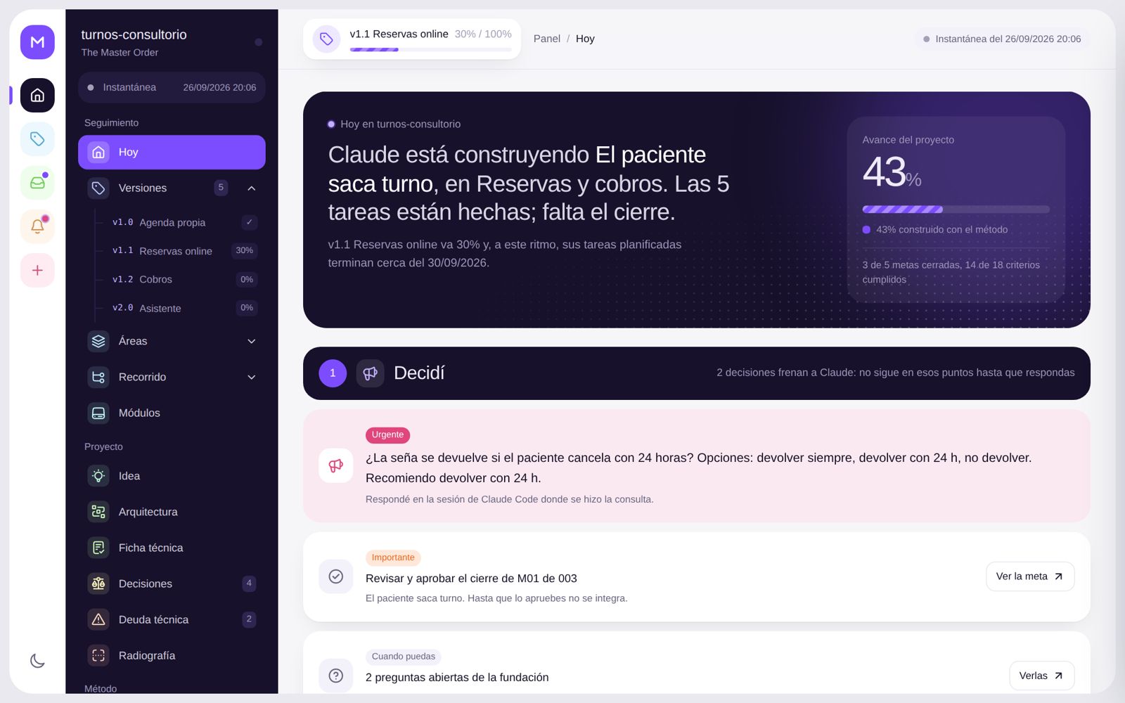 Pantalla Hoy del panel: qué se está construyendo, qué decisiones esperan y la orden para continuar